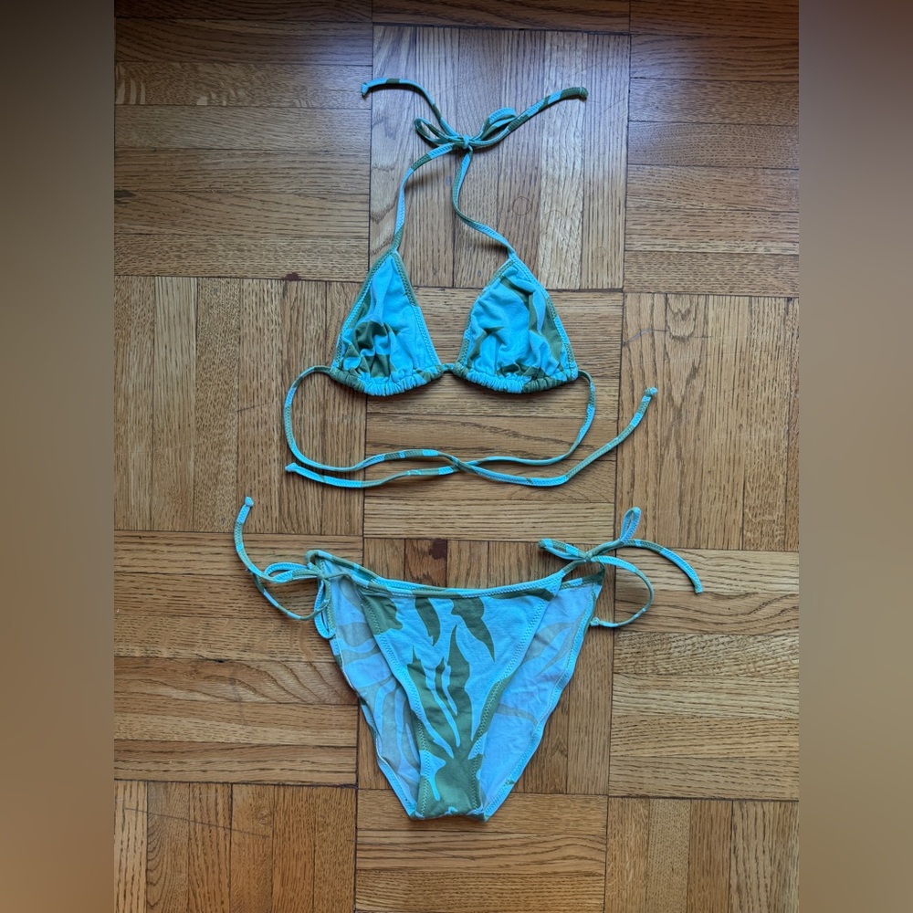 3 Piece Blue & Green Tropical Print String Bikini Set